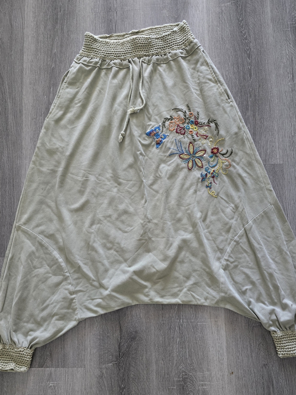 Women’s Olive Green Embroidered Harem Pants – Boho Style – Elastic Waist.